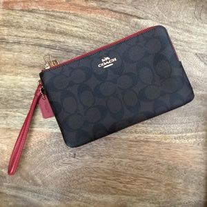 LIKE NEW Coach Double zip Gold/Brown 1941 Red Wristlet